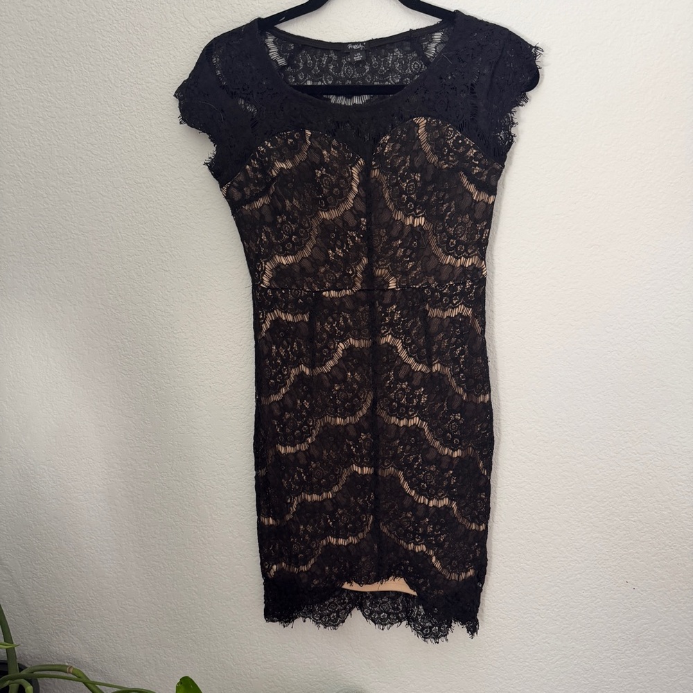 Rhapsody Black Lace Midi Dress with Nude Underlay